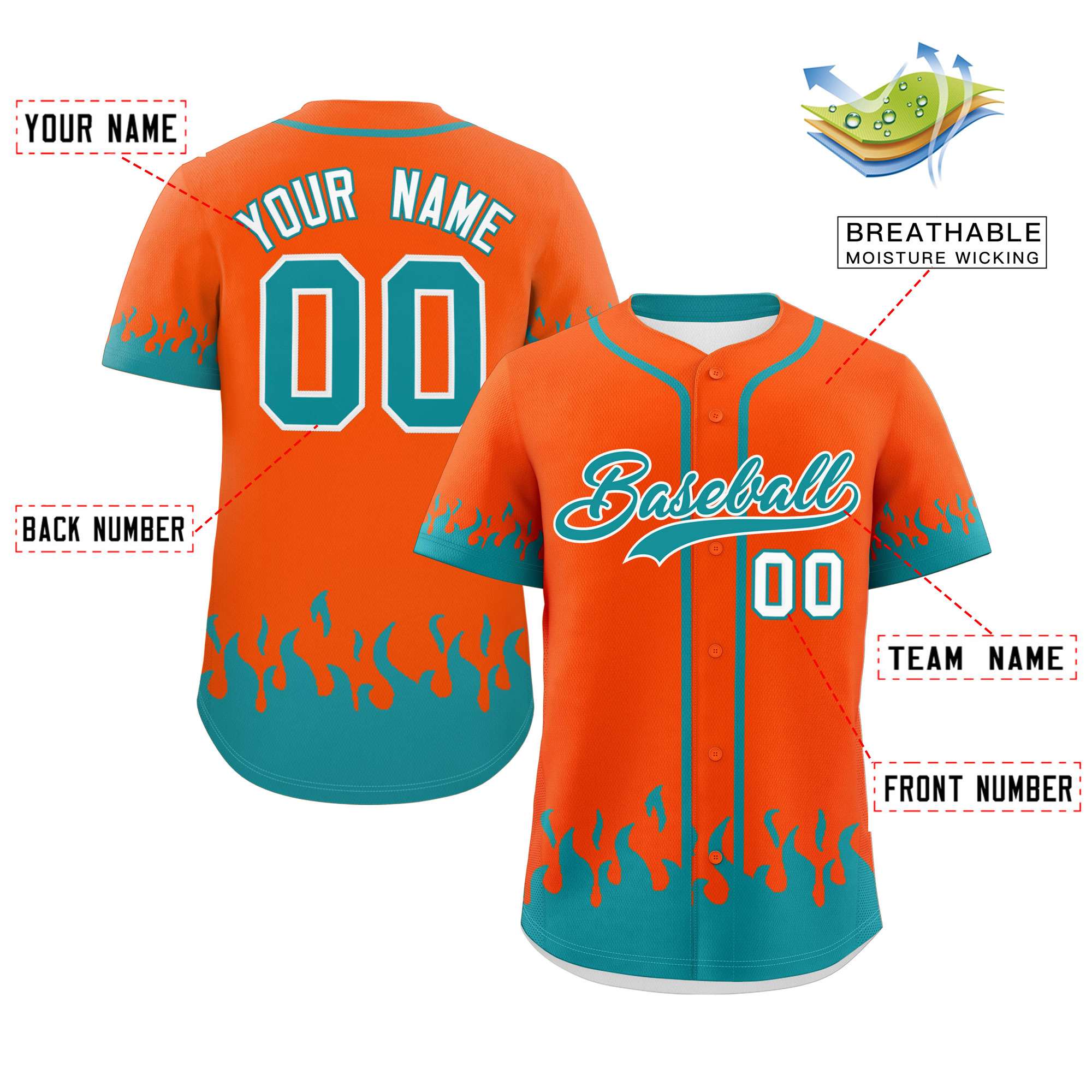 Custom Orange Aqua Personalized Flame Graffiti Pattern Authentic Baseball Jersey