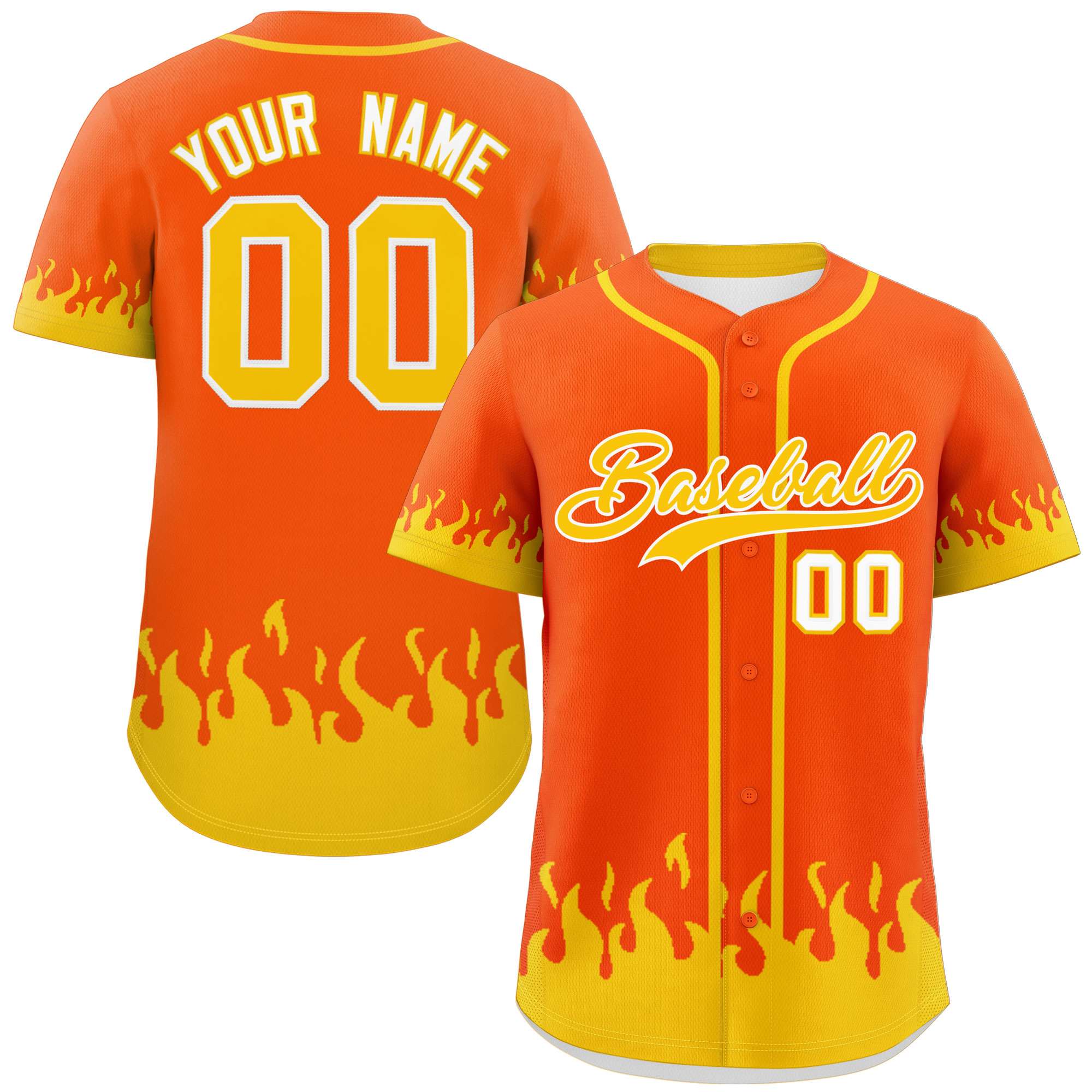 Custom Orange Gold Personalized Flame Graffiti Pattern Authentic Baseball Jersey