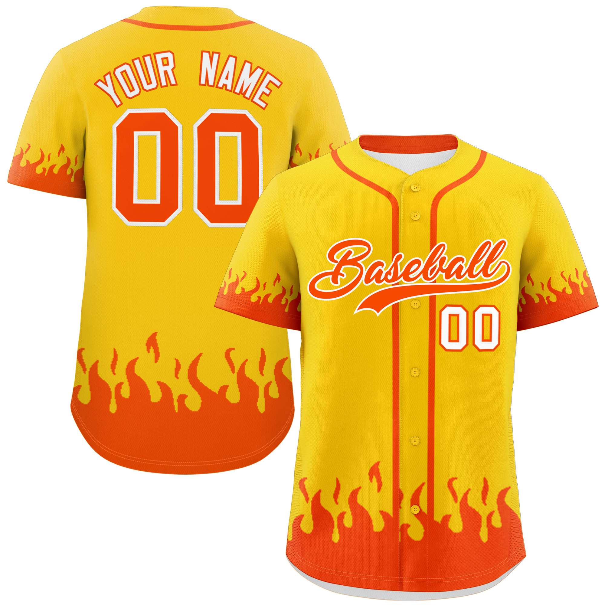 Custom Gold Orange Personalized Flame Graffiti Pattern Authentic Baseball Jersey