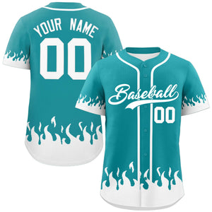 Custom Aqua White Personalized Flame Graffiti Pattern Authentic Baseball Jersey