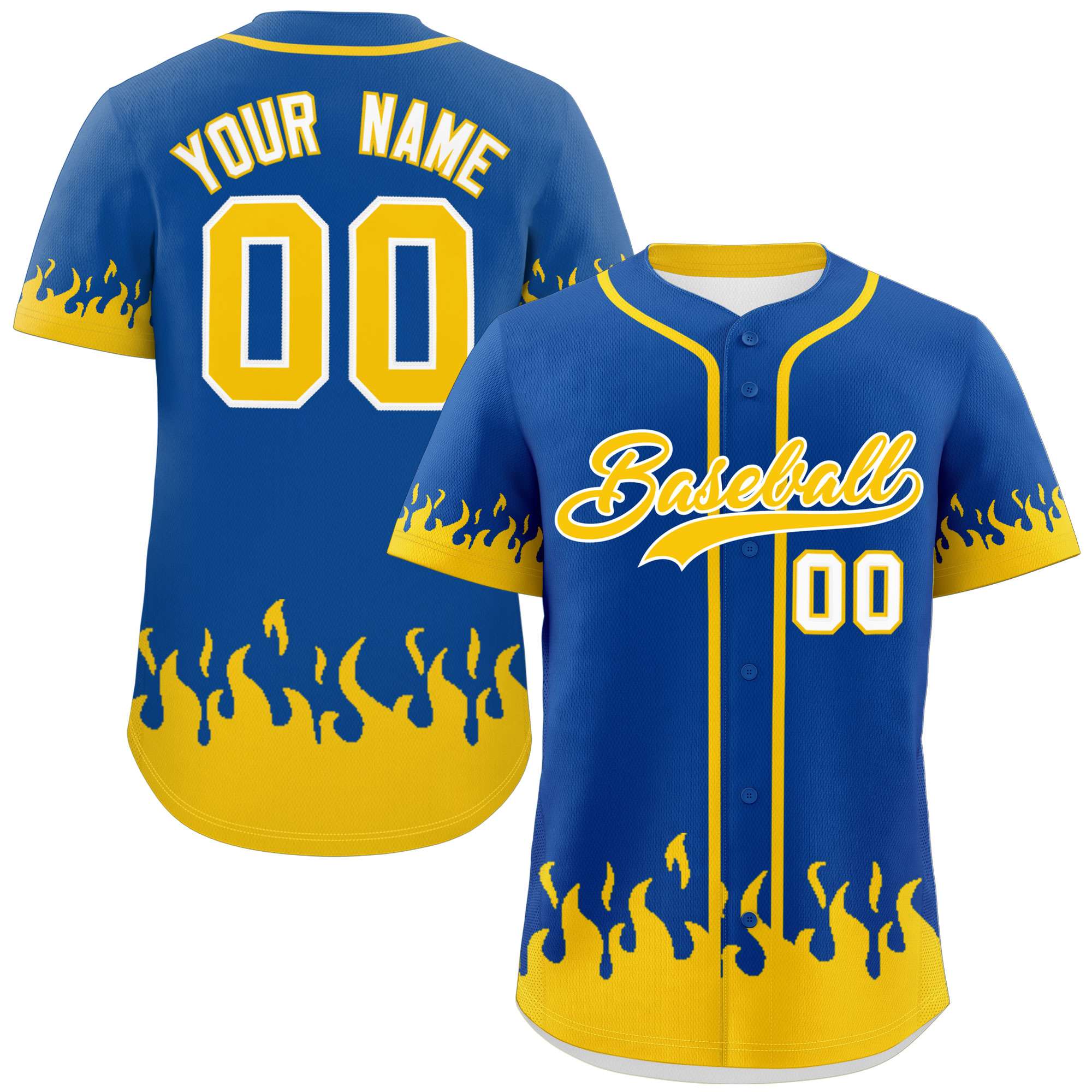 Custom Royal Gold Personalized Flame Graffiti Pattern Authentic Baseball Jersey