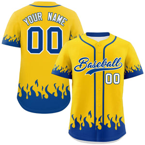 Custom Gold Royal Personalized Flame Graffiti Pattern Authentic Baseball Jersey