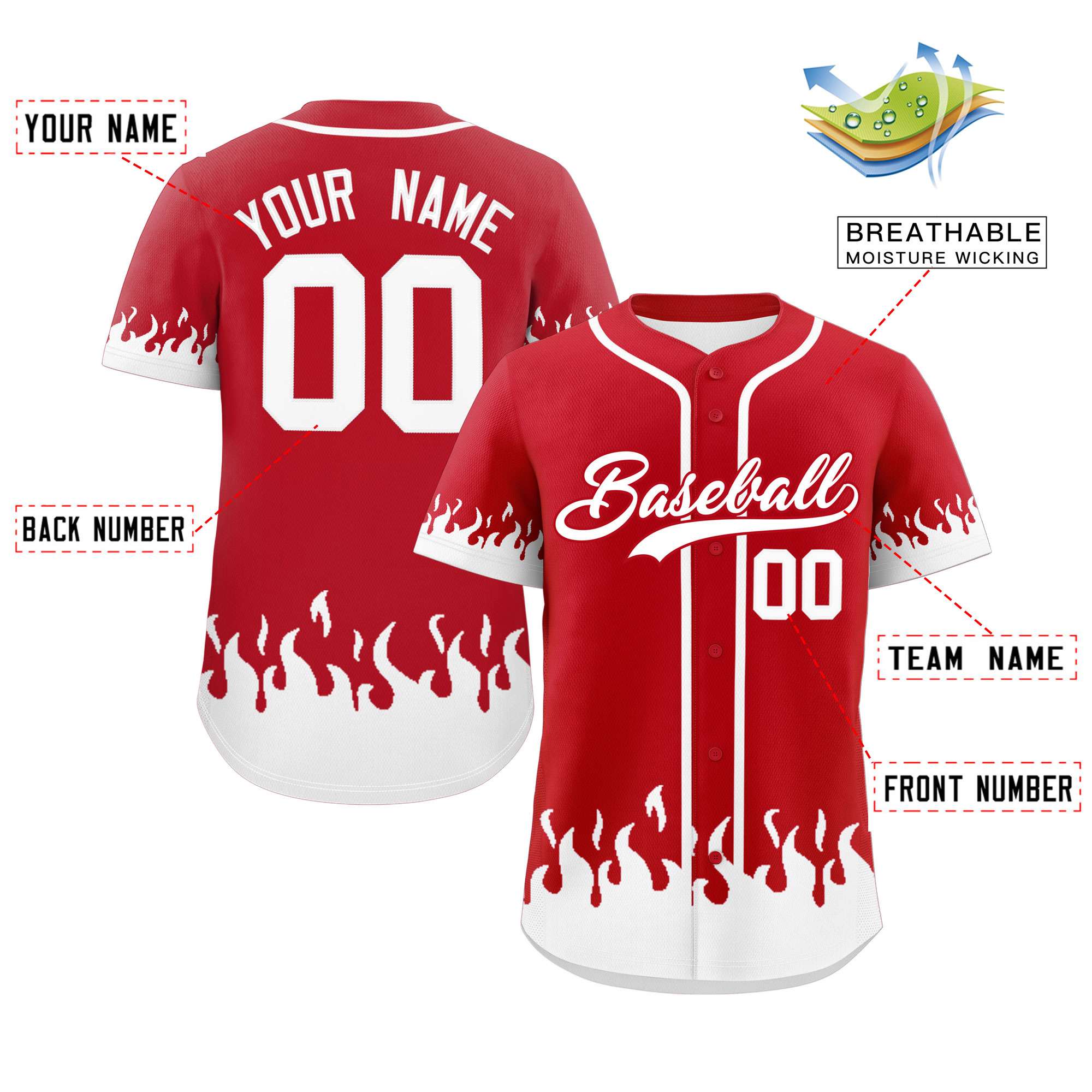 Custom Red White Personalized Flame Graffiti Pattern Authentic Baseball Jersey