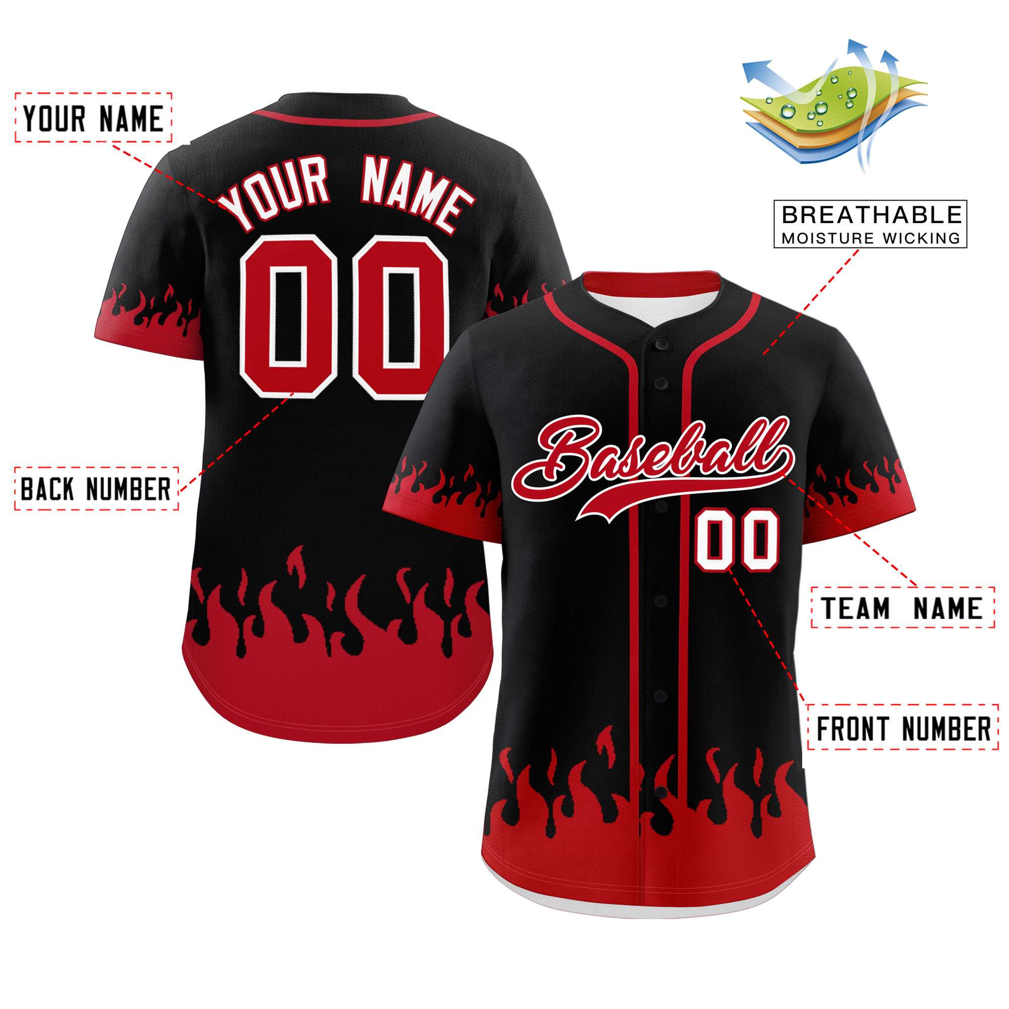 Custom Black Red Personalized Flame Graffiti Pattern Authentic Baseball Jersey