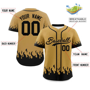 Custom Old Gold Black Personalized Flame Graffiti Pattern Authentic Baseball Jersey