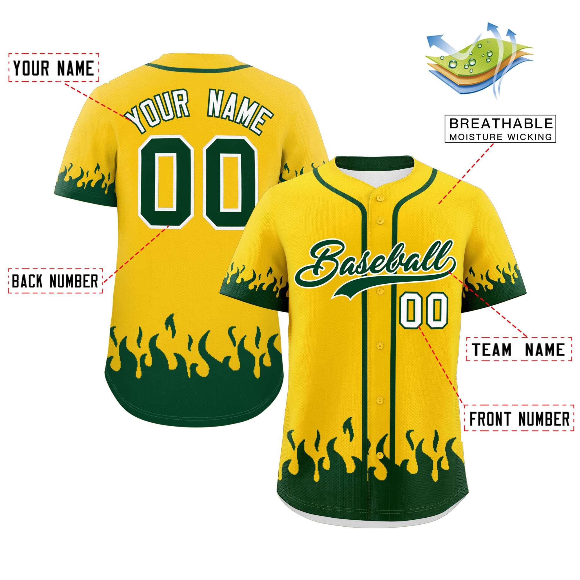 Custom Gold Green Personalized Flame Graffiti Pattern Authentic Baseball Jersey