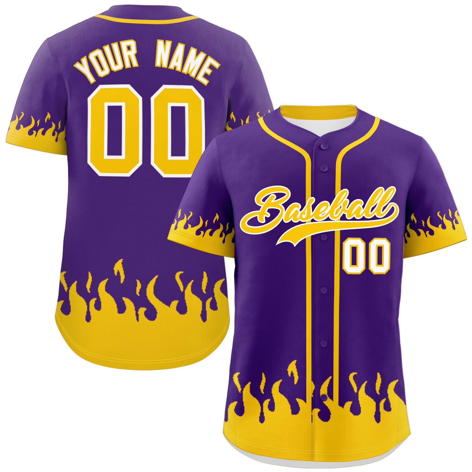 Custom Purple Gold Personalized Flame Graffiti Pattern Authentic Baseball Jersey