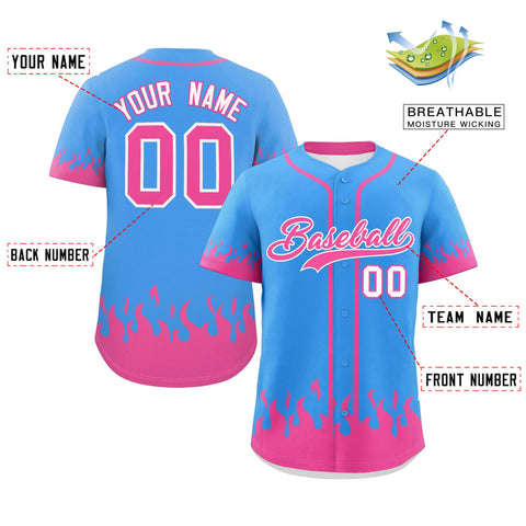 Custom Powder Blue Pink Personalized Flame Graffiti Pattern Authentic Baseball Jersey
