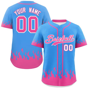 Custom Powder Blue Pink Personalized Flame Graffiti Pattern Authentic Baseball Jersey