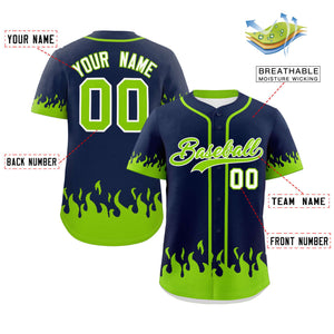 Custom Navy Neon Green Personalized Flame Graffiti Pattern Authentic Baseball Jersey