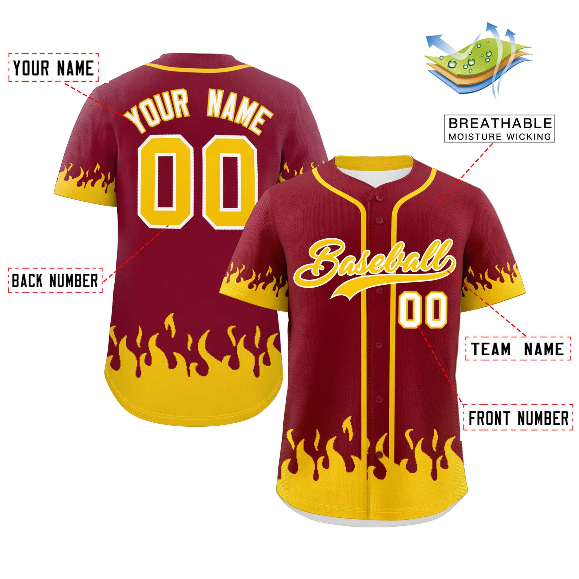 Custom Crimson Gold Personalized Flame Graffiti Pattern Authentic Baseball Jersey