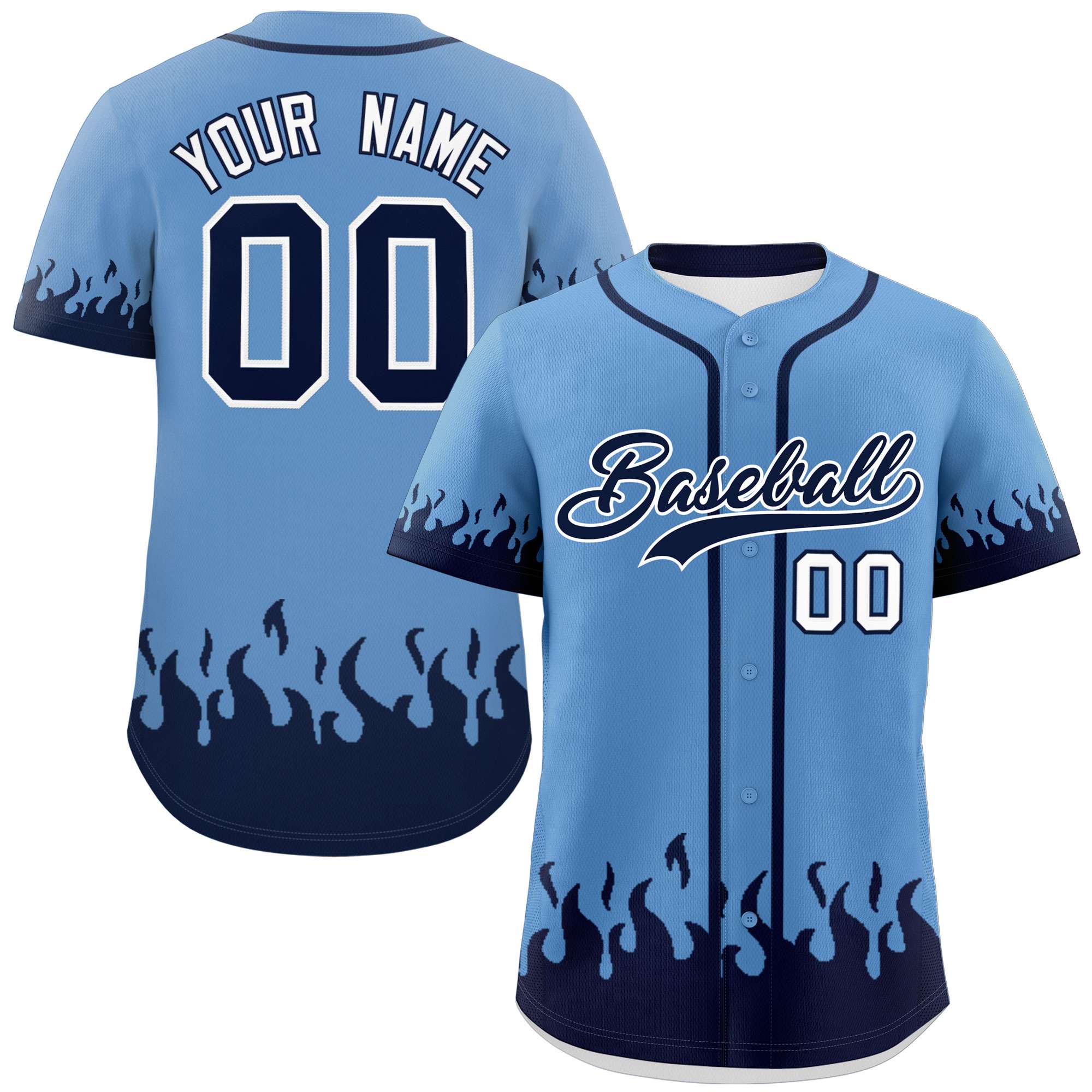 Custom Light Blue Navy Personalized Flame Graffiti Pattern Authentic Baseball Jersey