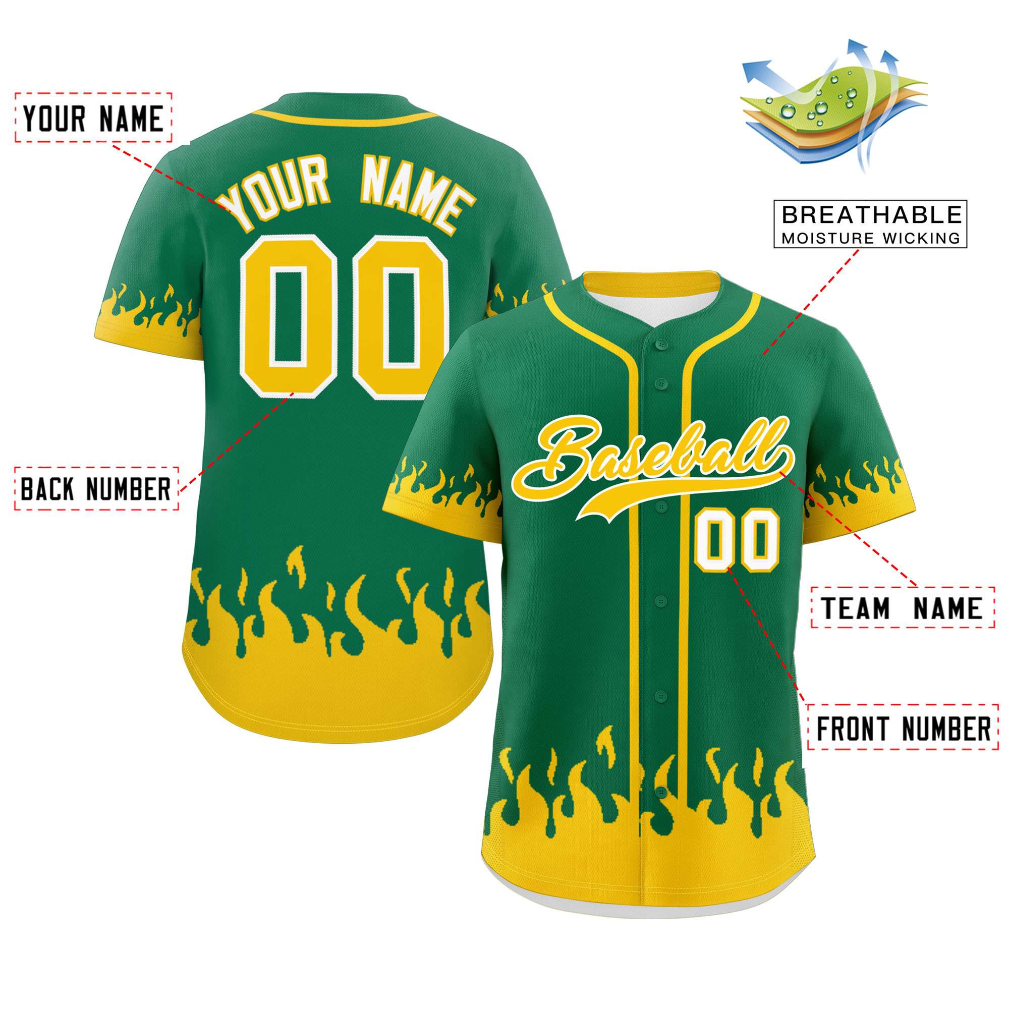 Custom Kelly Green Gold Personalized Flame Graffiti Pattern Authentic Baseball Jersey