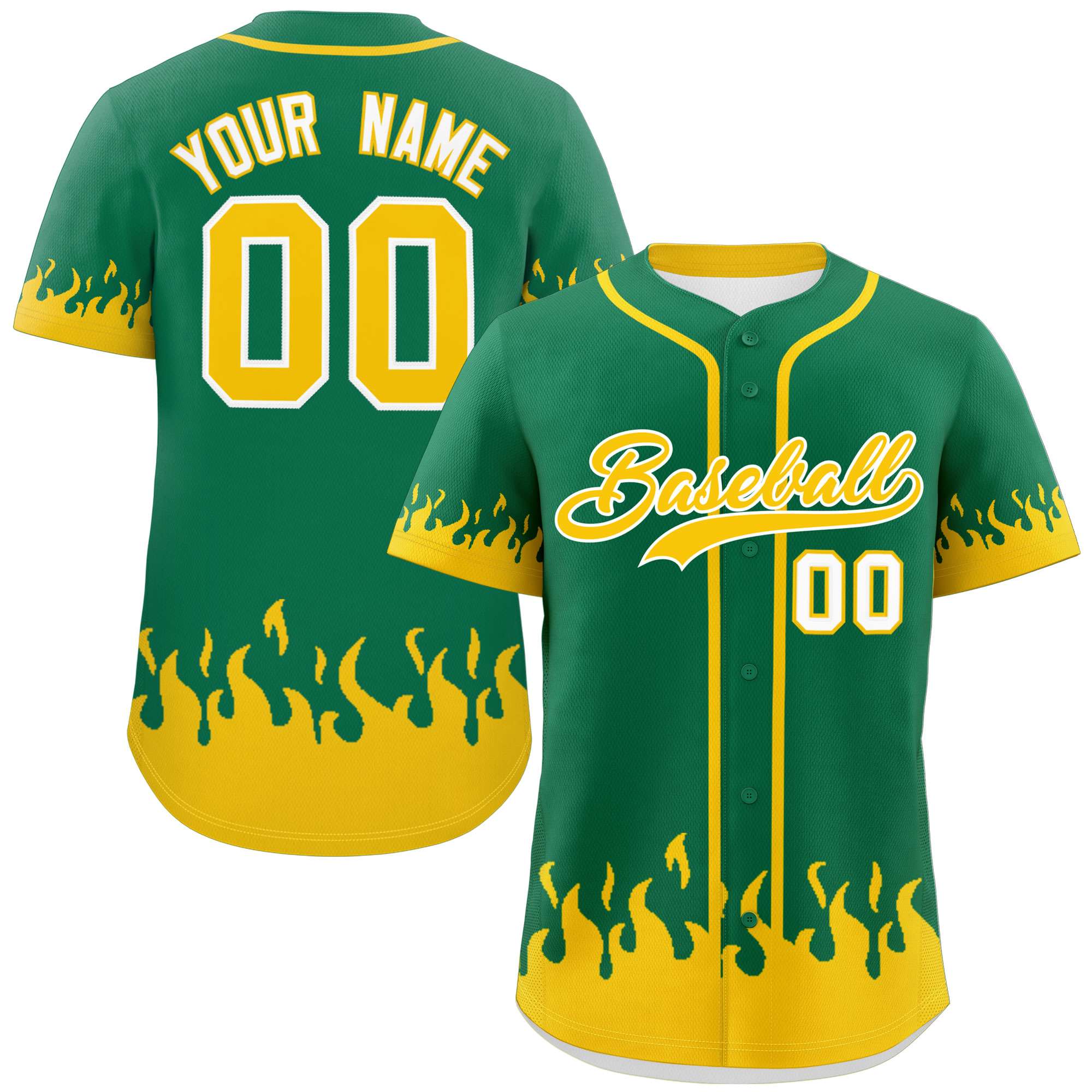 Custom Kelly Green Gold Personalized Flame Graffiti Pattern Authentic Baseball Jersey