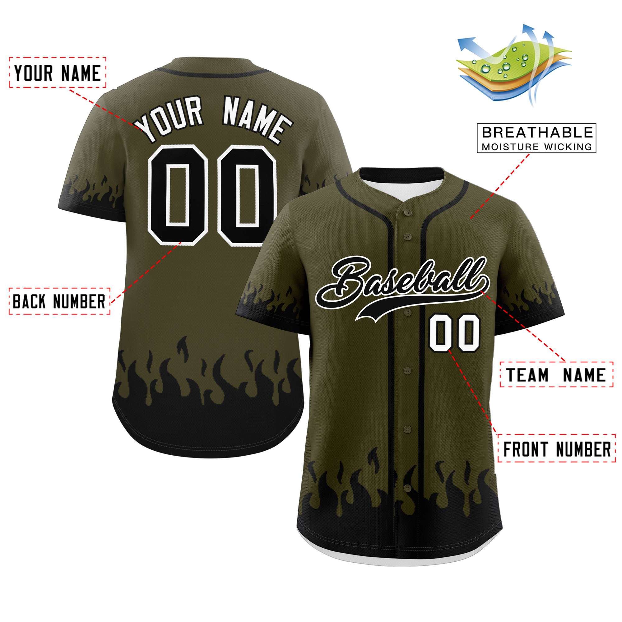 Custom Olive Black Personalized Flame Graffiti Pattern Authentic Baseball Jersey