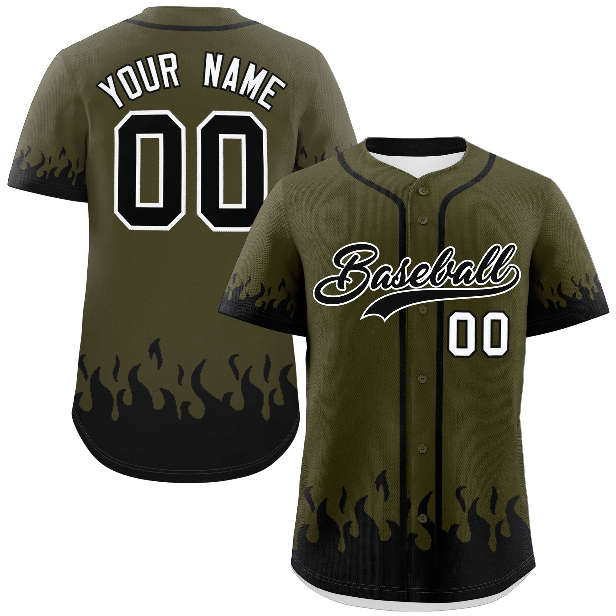 Custom Olive Black Personalized Flame Graffiti Pattern Authentic Baseball Jersey