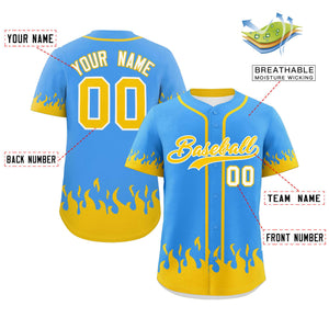 Custom Powder Blue Gold Personalized Flame Graffiti Pattern Authentic Baseball Jersey