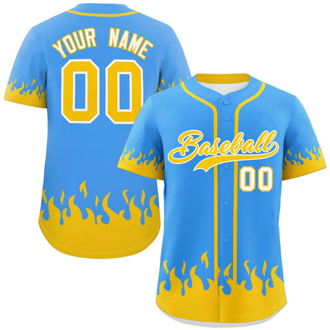 Custom Powder Blue Gold Personalized Flame Graffiti Pattern Authentic Baseball Jersey