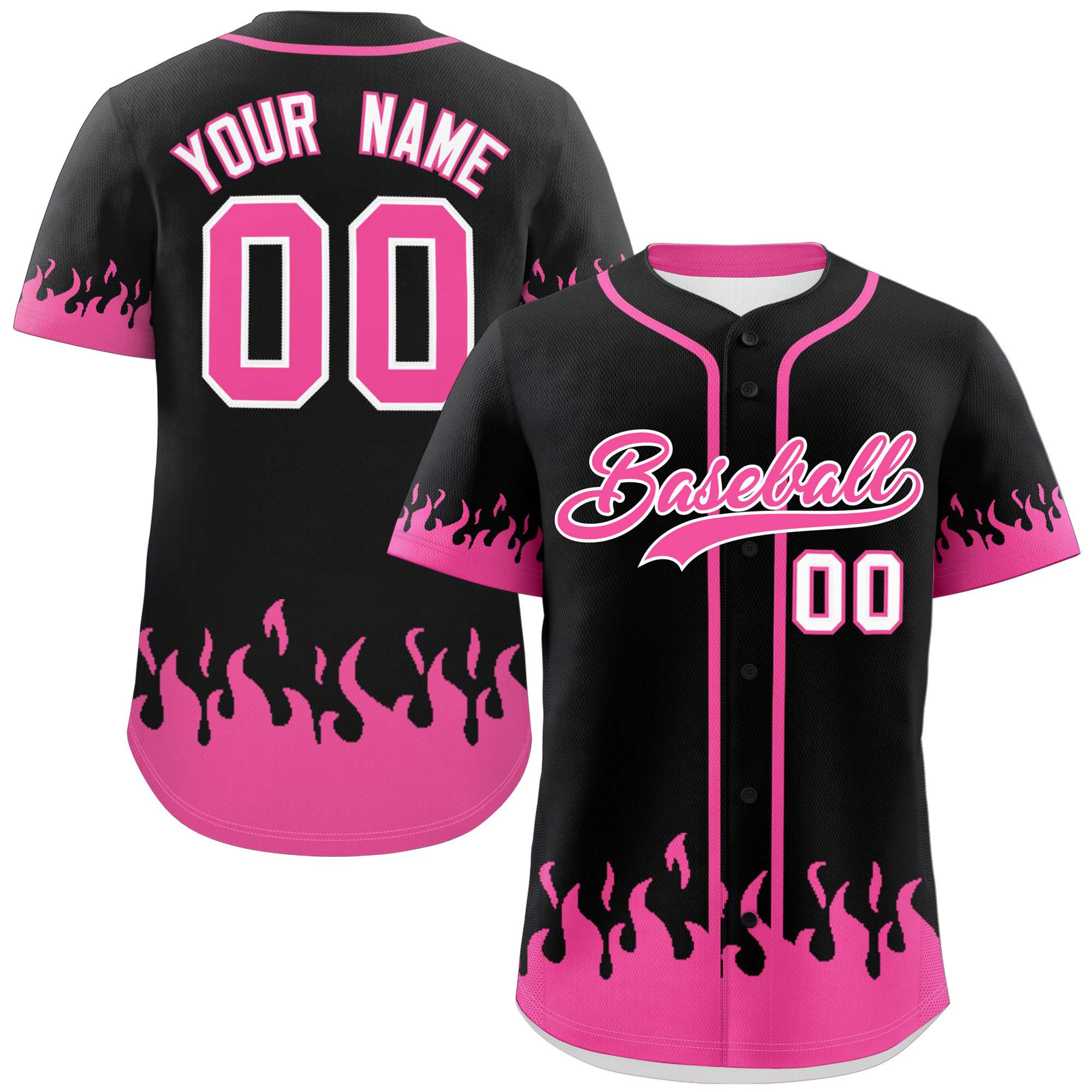 Custom Black Pink Personalized Flame Graffiti Pattern Authentic Baseball Jersey