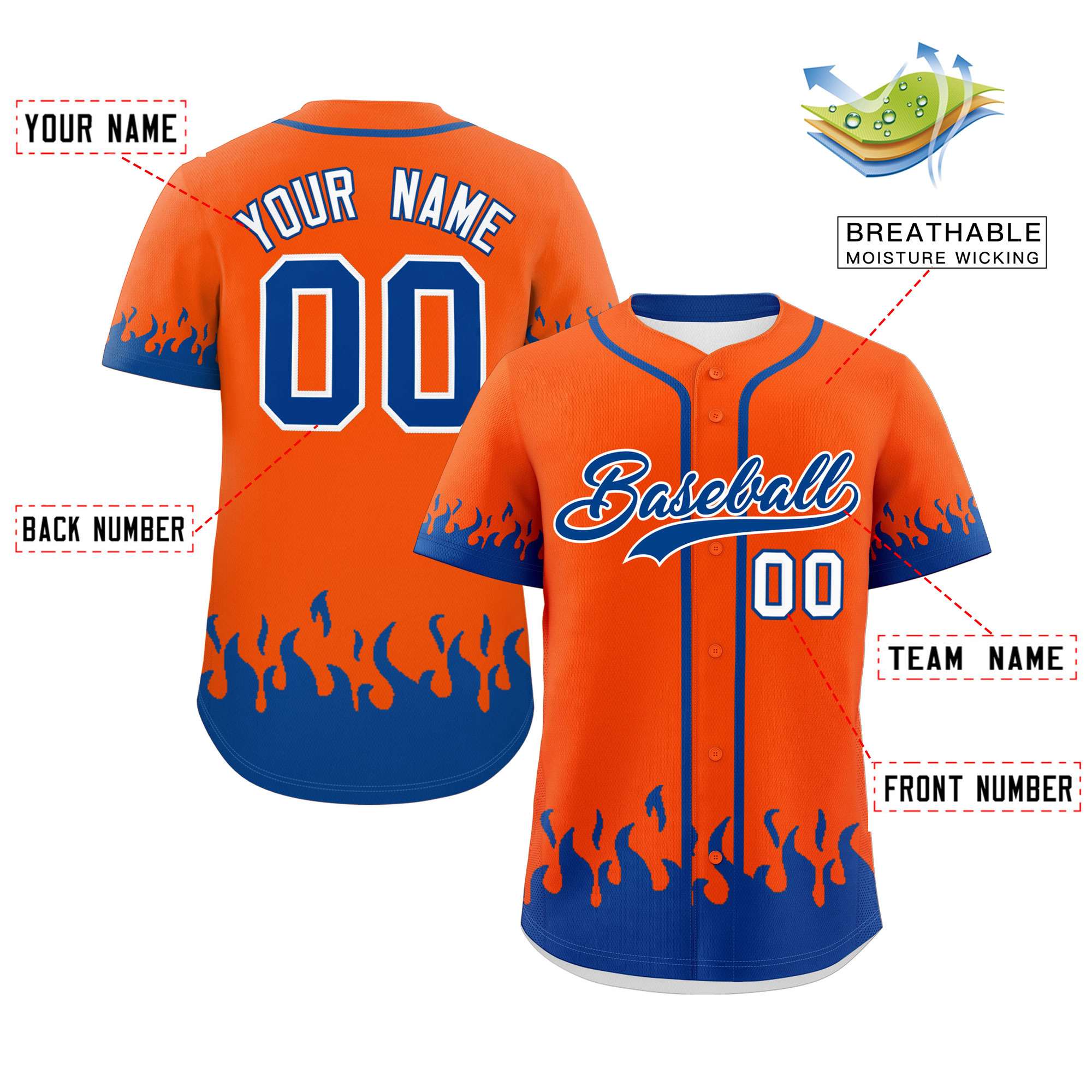 Custom Orange Royal Personalized Flame Graffiti Pattern Authentic Baseball Jersey