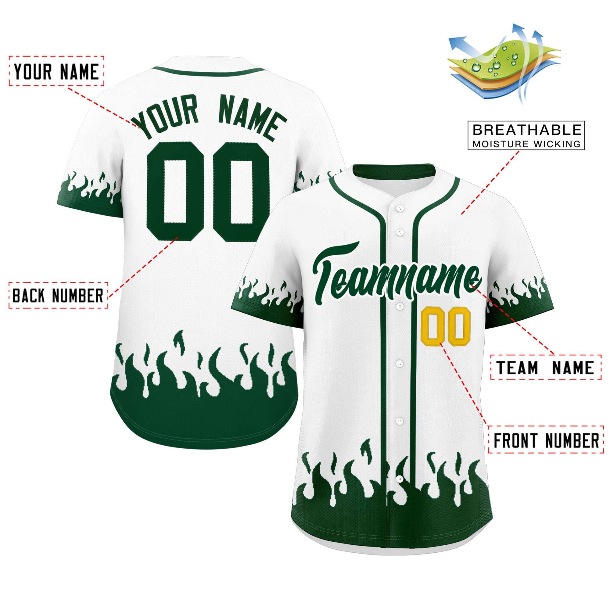 Custom White Green Personalized Flame Graffiti Pattern Authentic Baseball Jersey