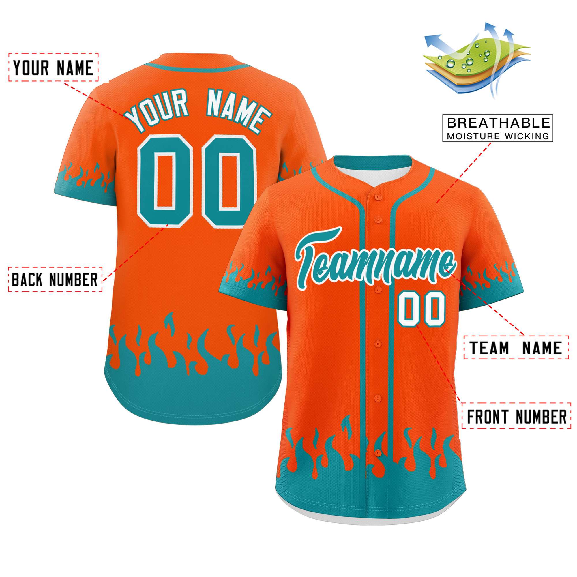 Custom Orange Aqua Personalized Flame Graffiti Pattern Authentic Baseball Jersey