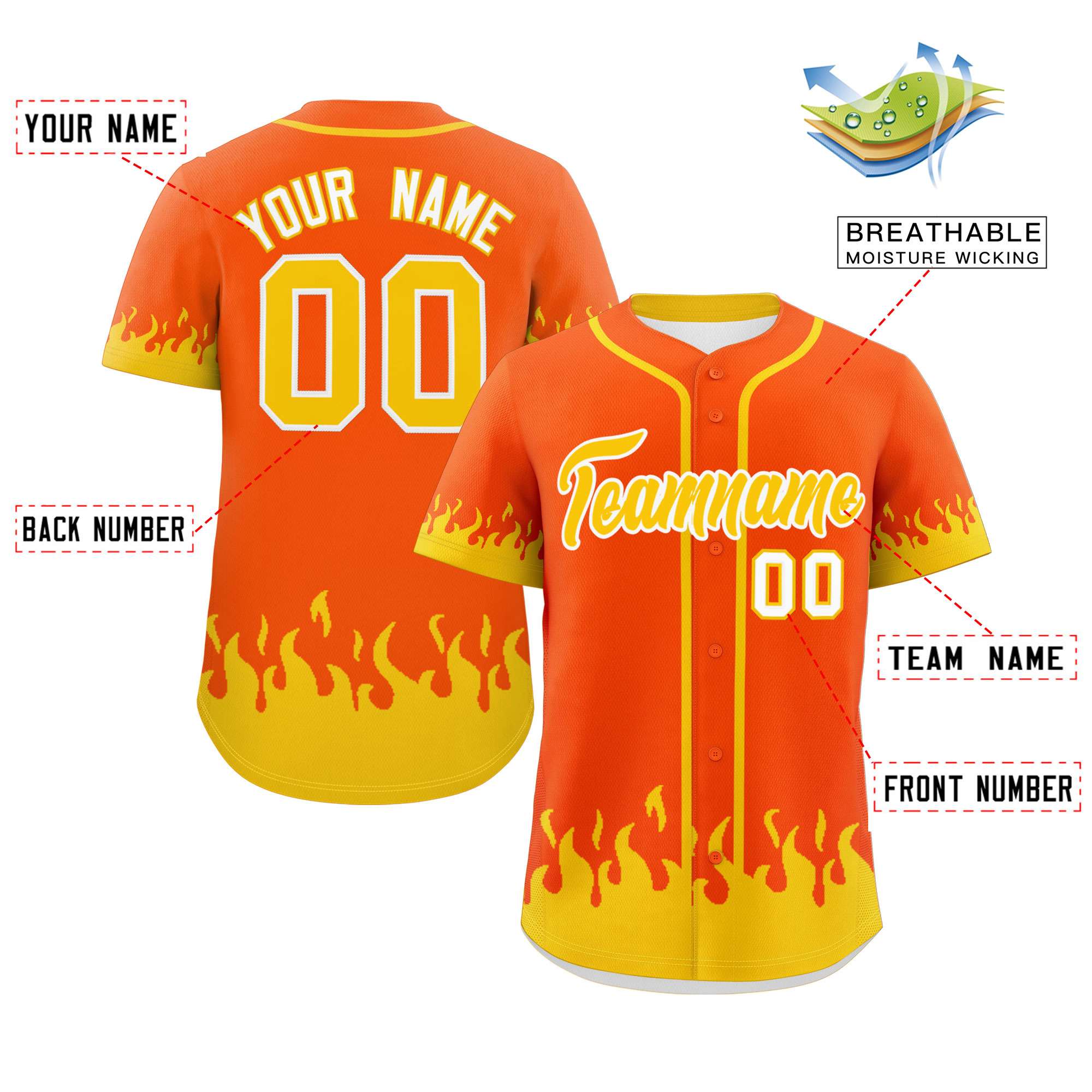 Custom Orange Gold Personalized Flame Graffiti Pattern Authentic Baseball Jersey