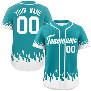 Custom Aqua White Personalized Flame Graffiti Pattern Authentic Baseball Jersey