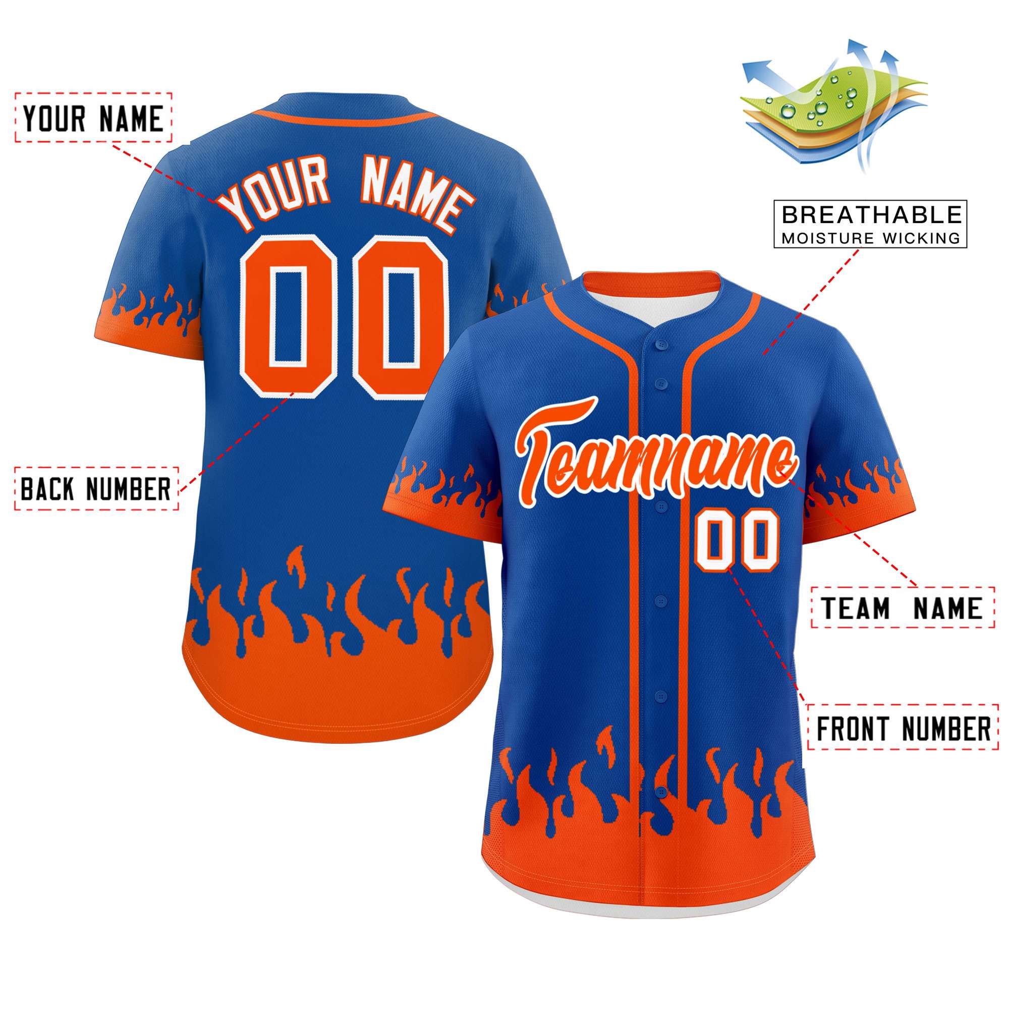 Custom Royal Orange Personalized Flame Graffiti Pattern Authentic Baseball Jersey