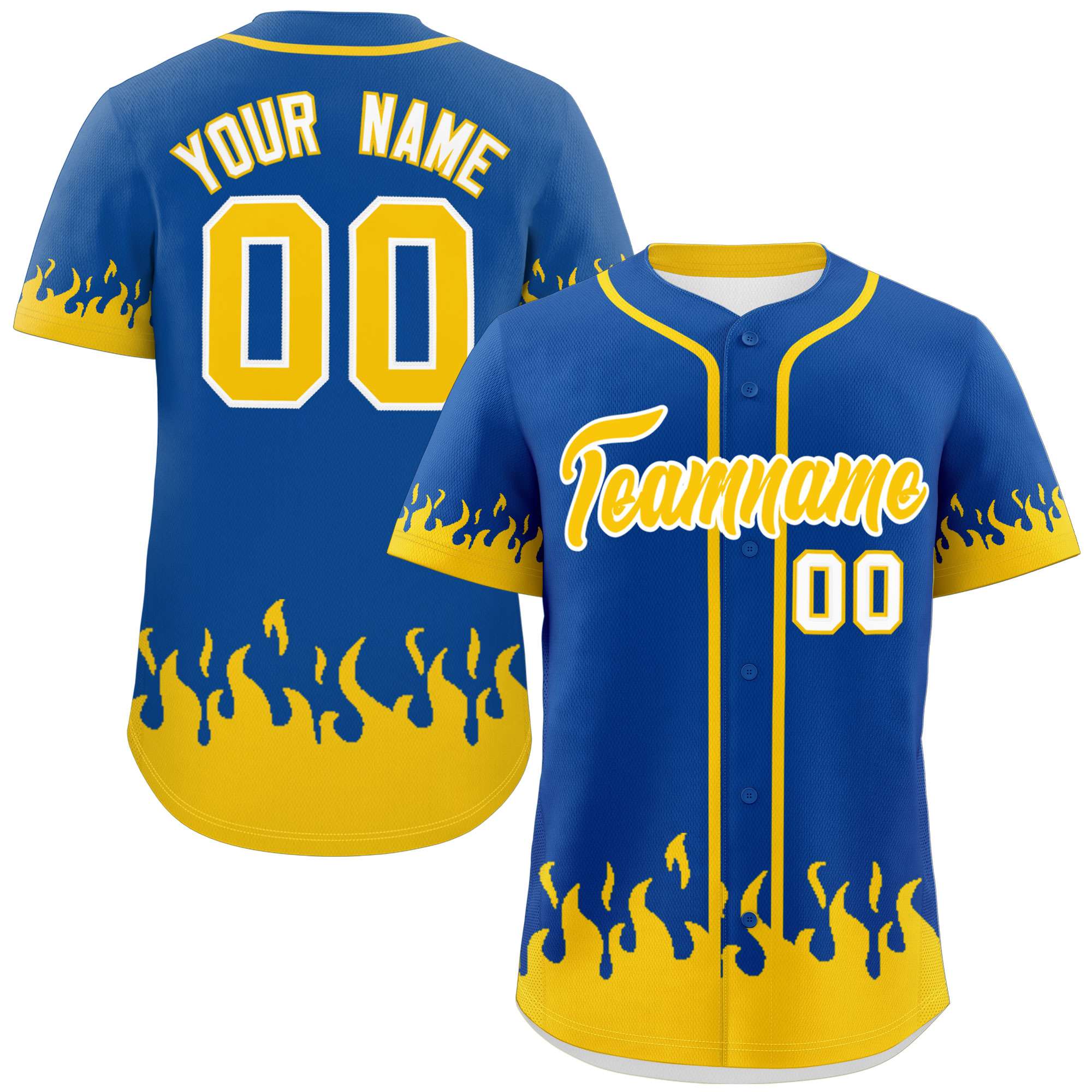 Custom Royal Gold Personalized Flame Graffiti Pattern Authentic Baseball Jersey