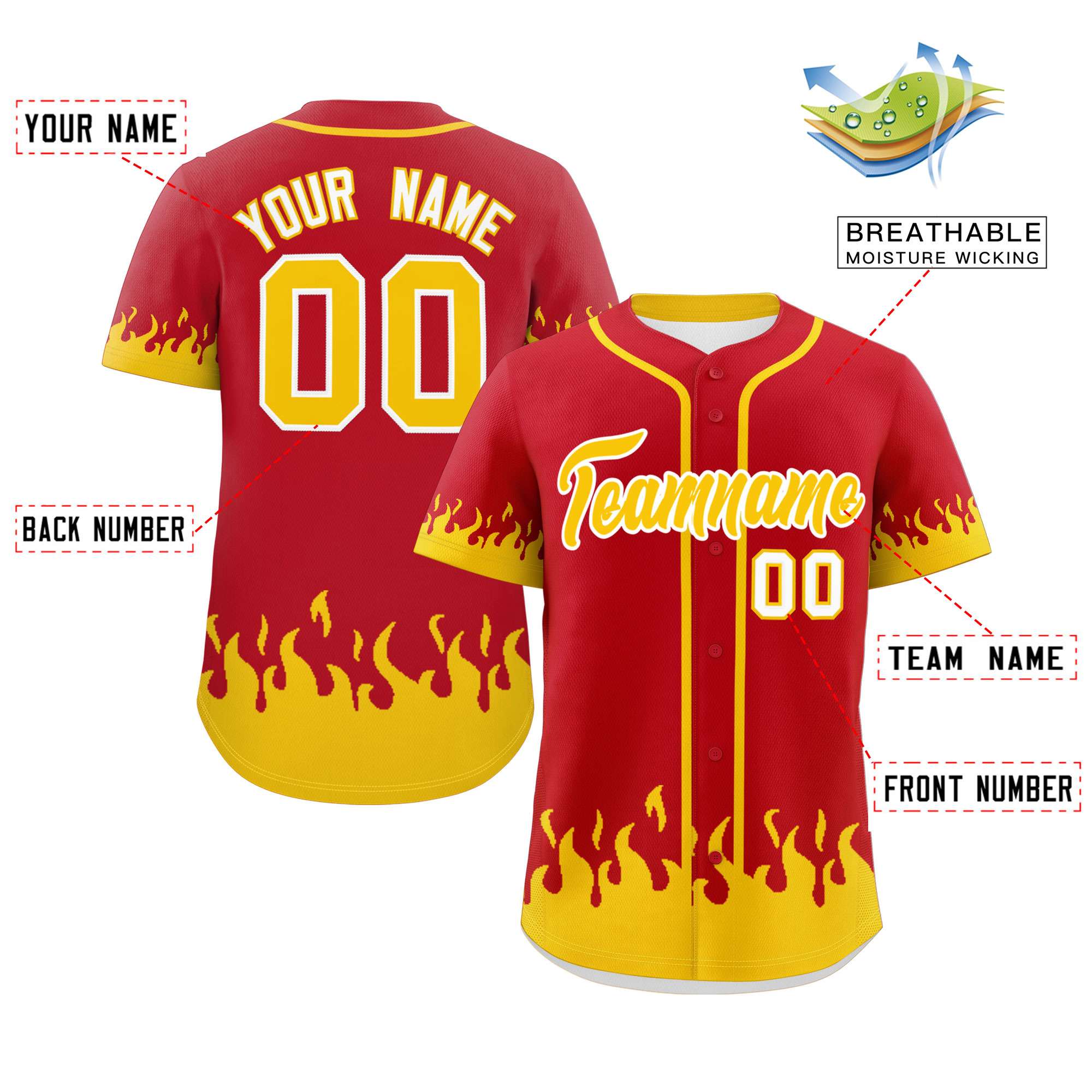 Custom Red Gold Personalized Flame Graffiti Pattern Authentic Baseball Jersey