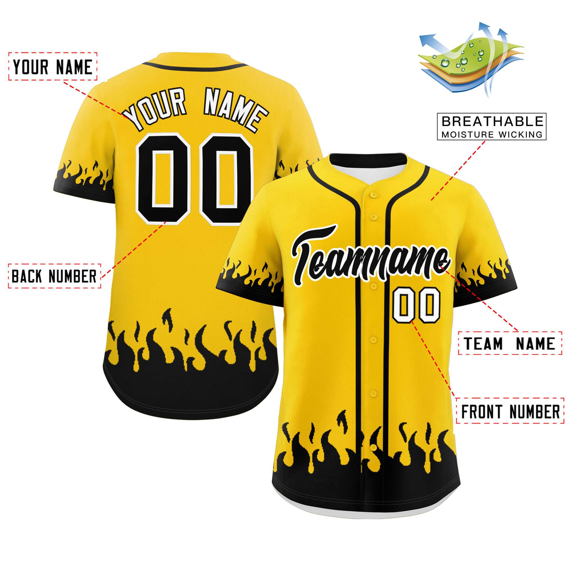 Custom Gold Black Personalized Flame Graffiti Pattern Authentic Baseball Jersey