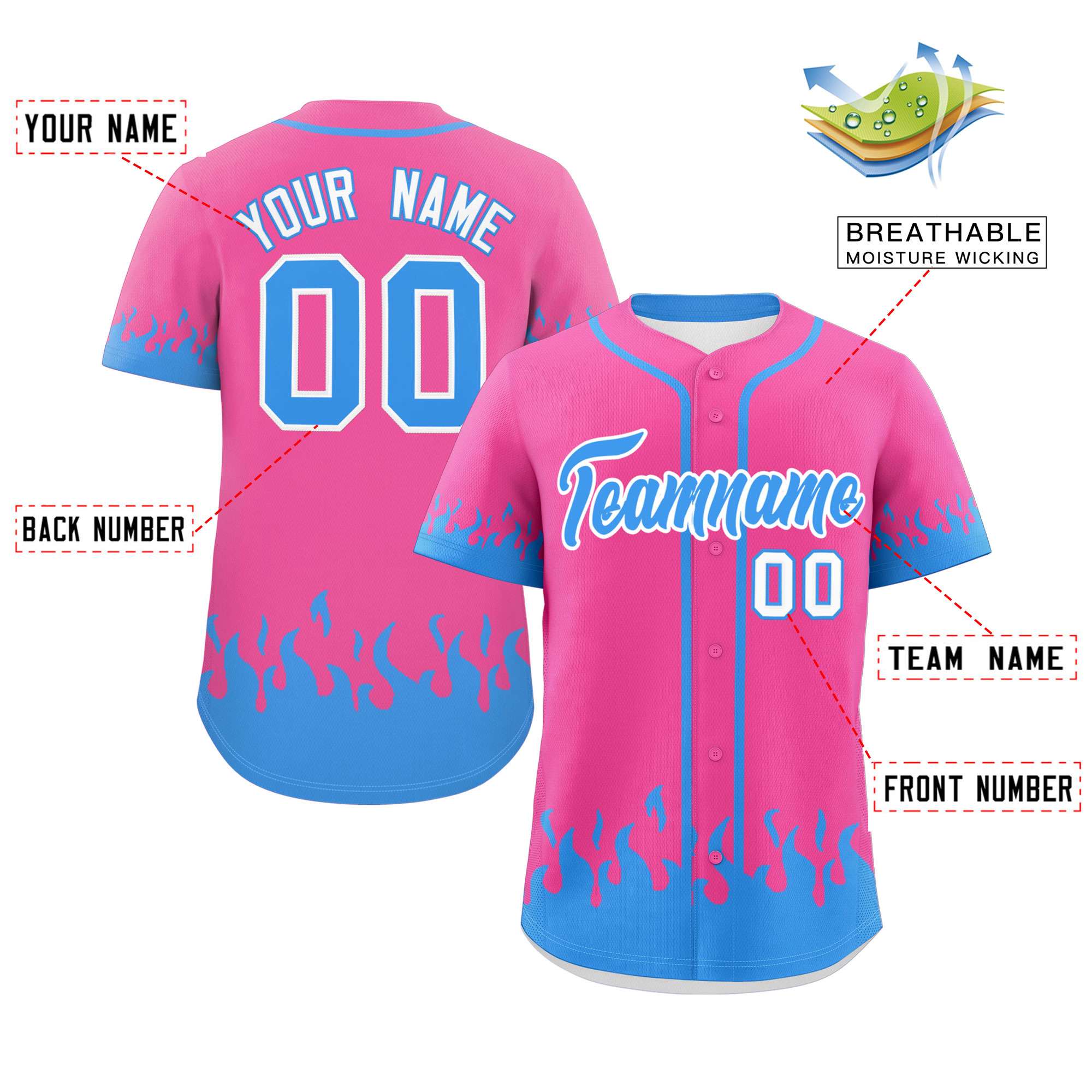 Custom Pink Powder Blue Personalized Flame Graffiti Pattern Authentic Baseball Jersey