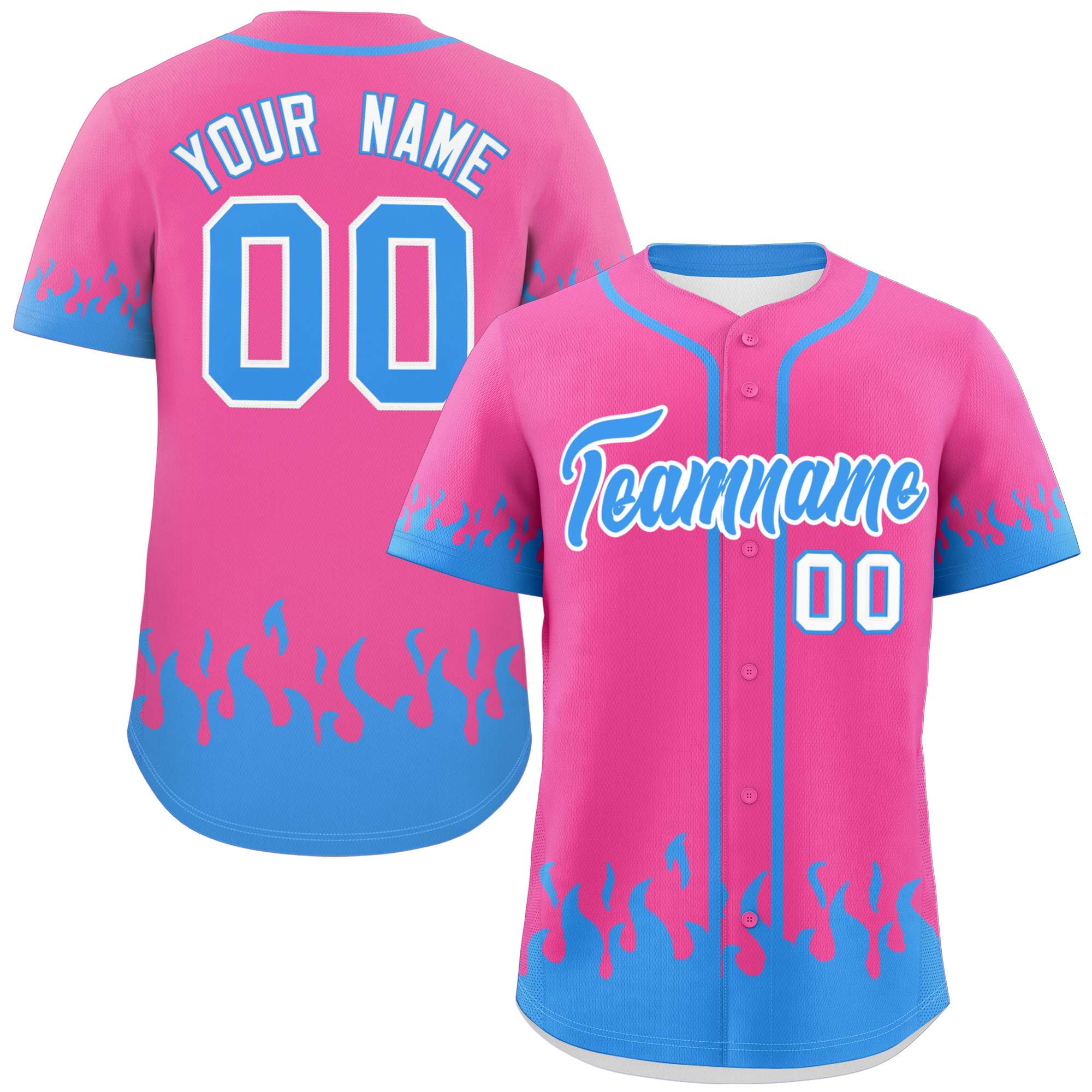 Custom Pink Powder Blue Personalized Flame Graffiti Pattern Authentic Baseball Jersey