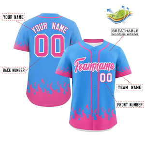 Custom Powder Blue Pink Personalized Flame Graffiti Pattern Authentic Baseball Jersey