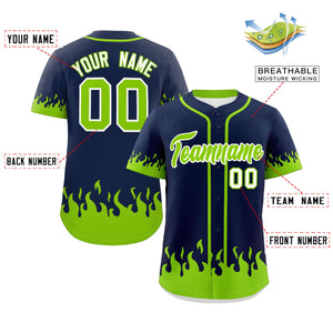 Custom Navy Neon Green Personalized Flame Graffiti Pattern Authentic Baseball Jersey