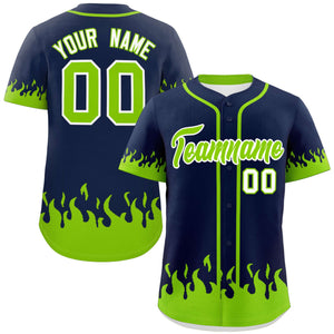 Custom Navy Neon Green Personalized Flame Graffiti Pattern Authentic Baseball Jersey