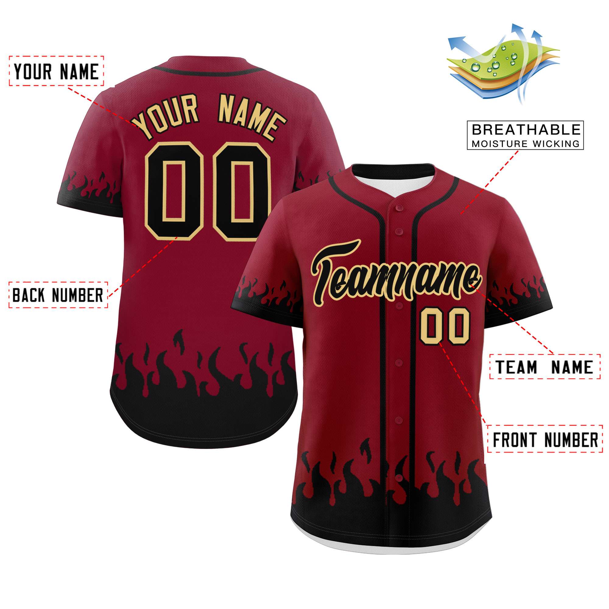 Custom Crimson Black Personalized Flame Graffiti Pattern Authentic Baseball Jersey