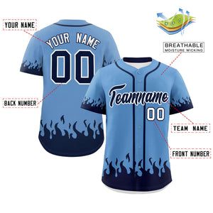 Custom Light Blue Navy Personalized Flame Graffiti Pattern Authentic Baseball Jersey