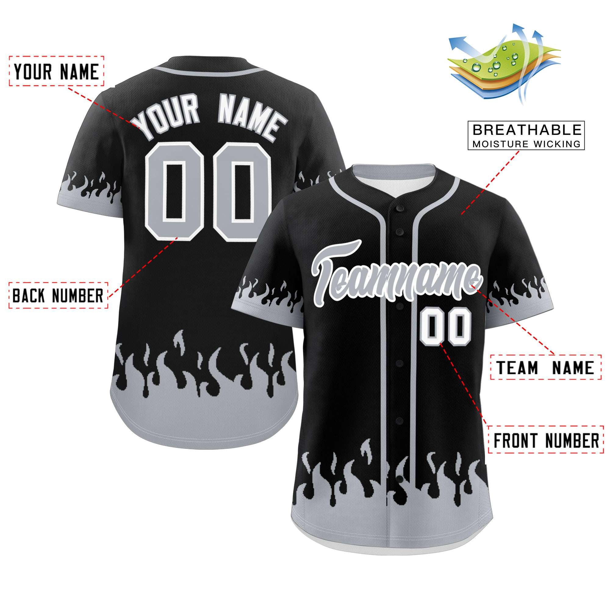 Custom Black Gray Personalized Flame Graffiti Pattern Authentic Baseball Jersey