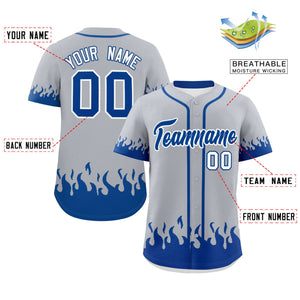 Custom Gray Royal Personalized Flame Graffiti Pattern Authentic Baseball Jersey