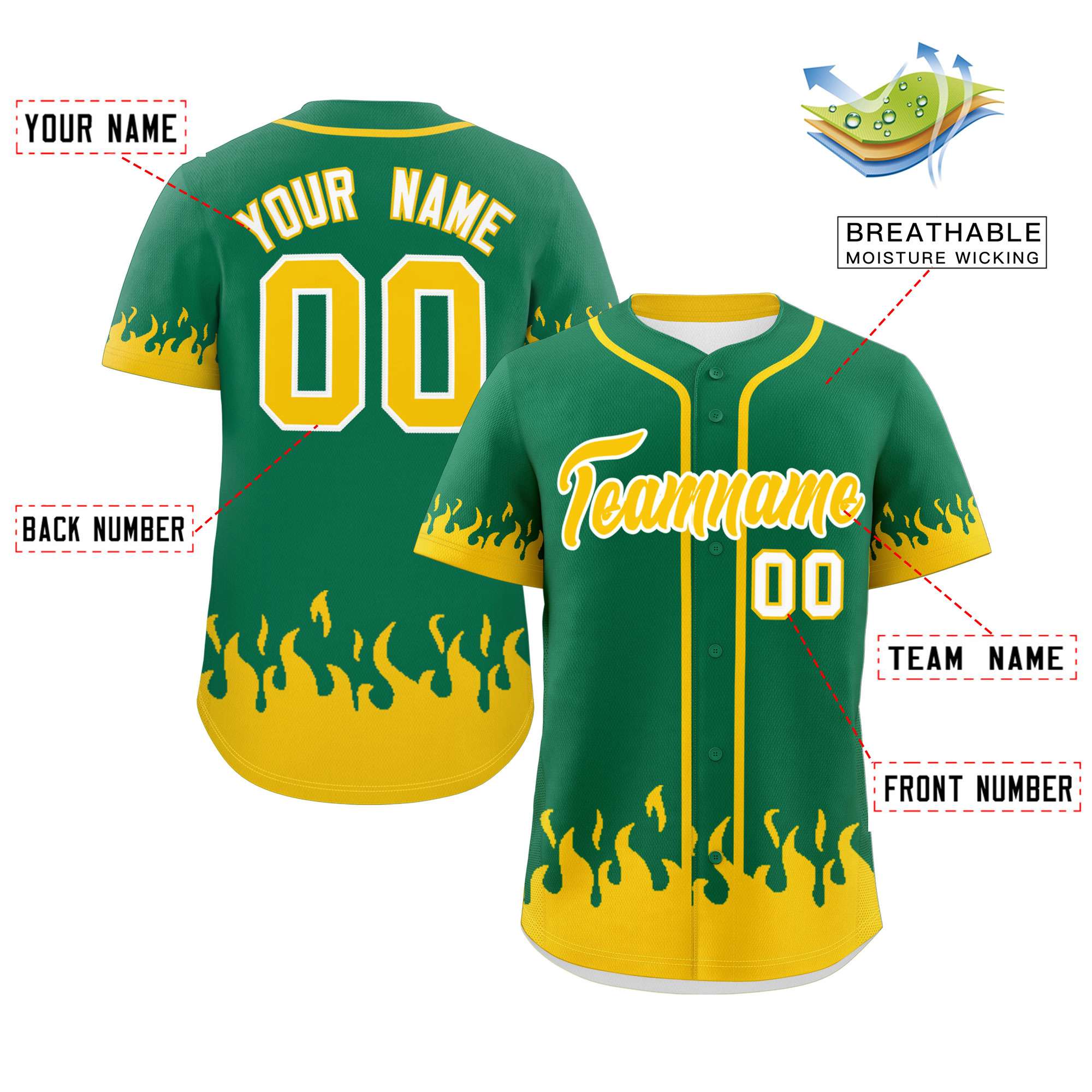 Custom Kelly Green Gold Personalized Flame Graffiti Pattern Authentic Baseball Jersey