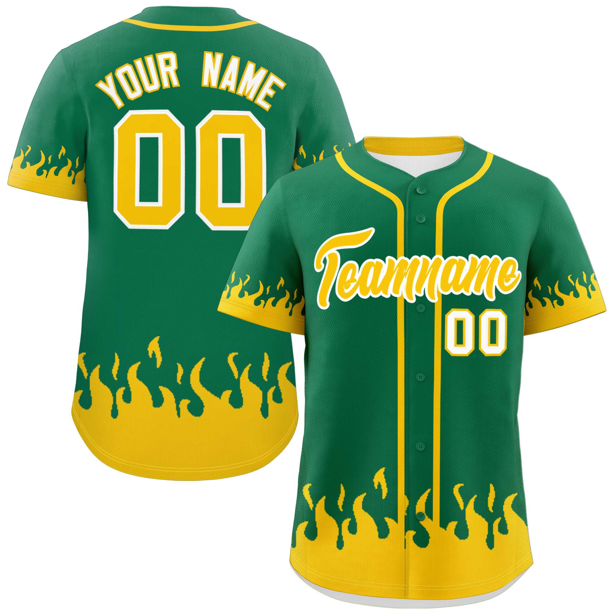 Custom Kelly Green Gold Personalized Flame Graffiti Pattern Authentic Baseball Jersey