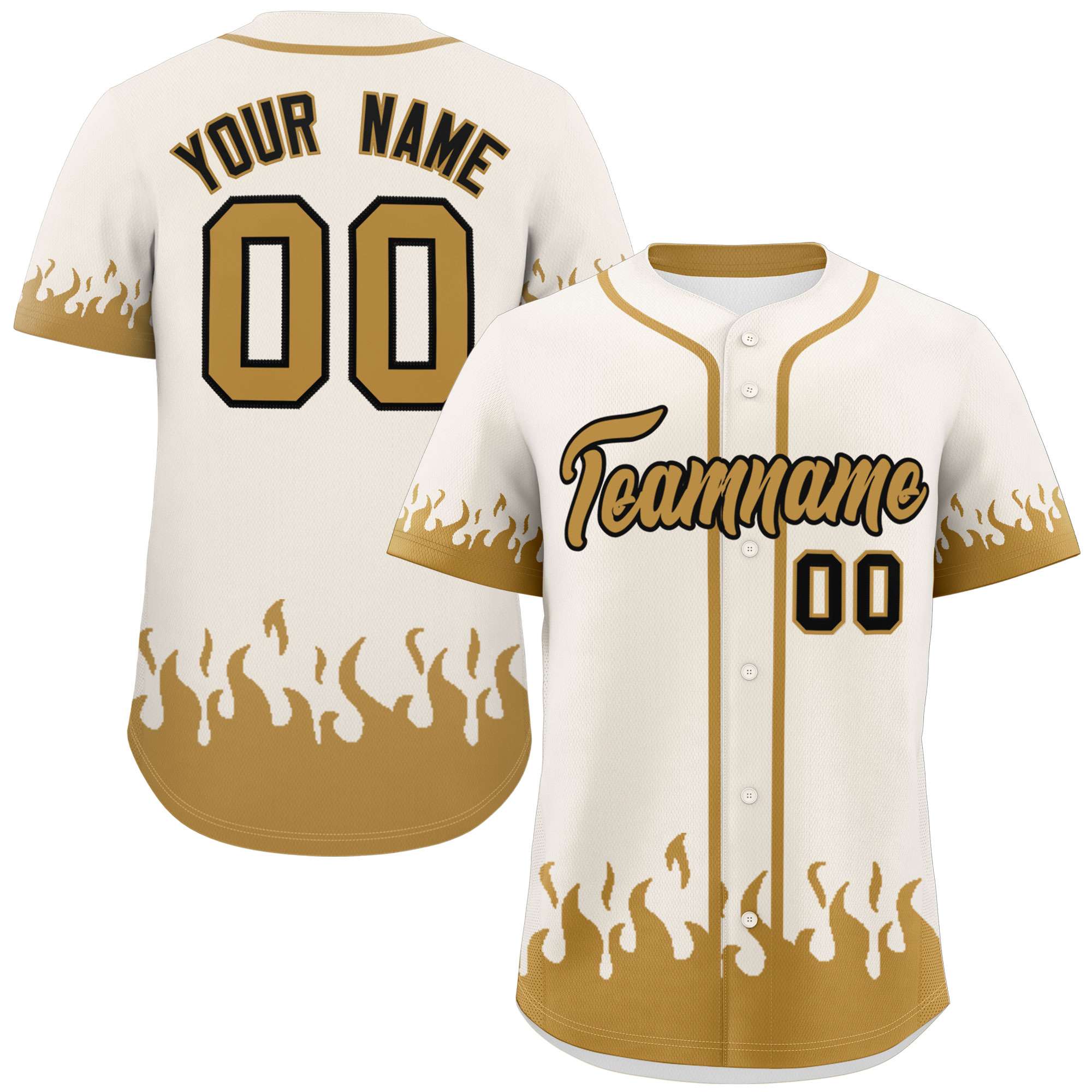 Custom Cream Old Gold Personalized Flame Graffiti Pattern Authentic Baseball Jersey