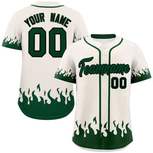 Custom Cream Green Personalized Flame Graffiti Pattern Authentic Baseball Jersey