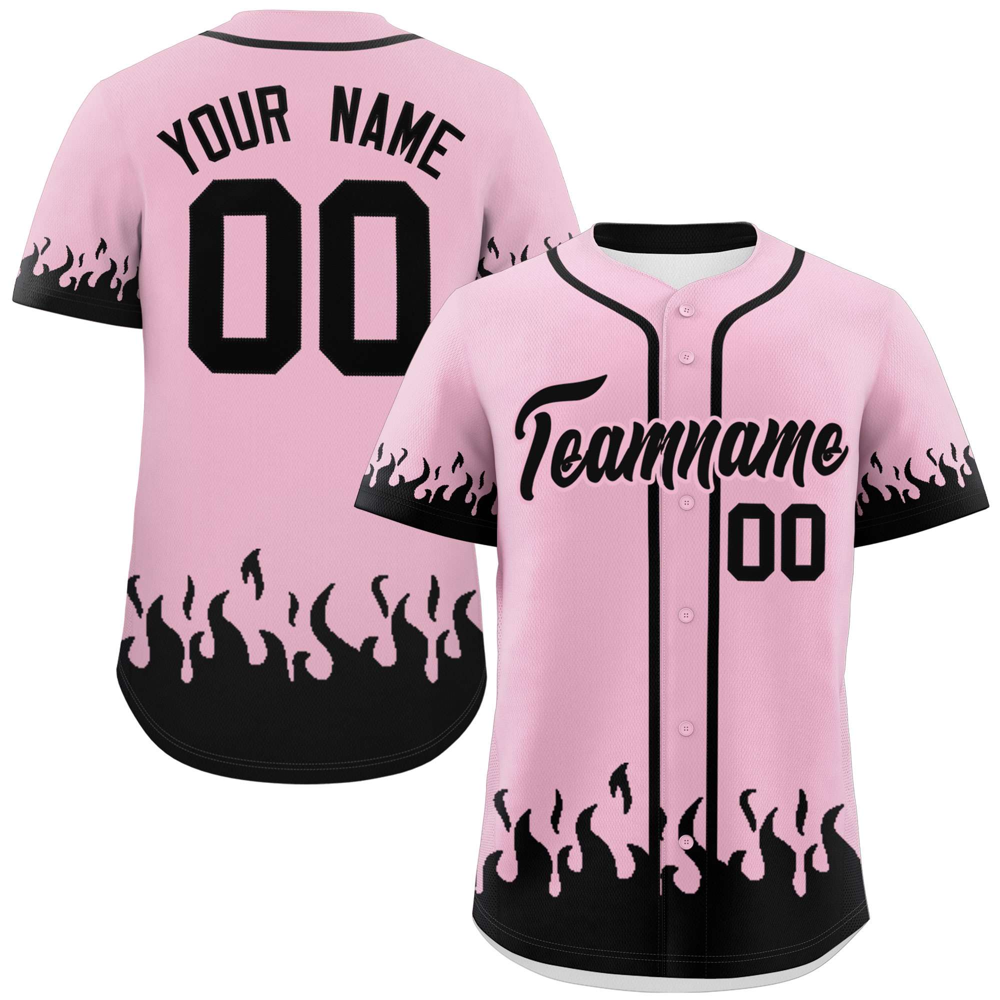 Custom Light Pink Black Personalized Flame Graffiti Pattern Authentic Baseball Jersey