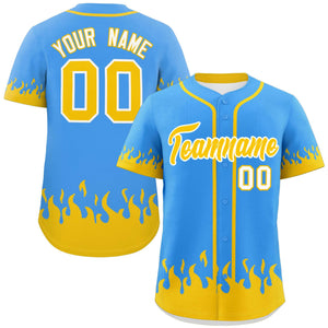 Custom Powder Blue Gold Personalized Flame Graffiti Pattern Authentic Baseball Jersey