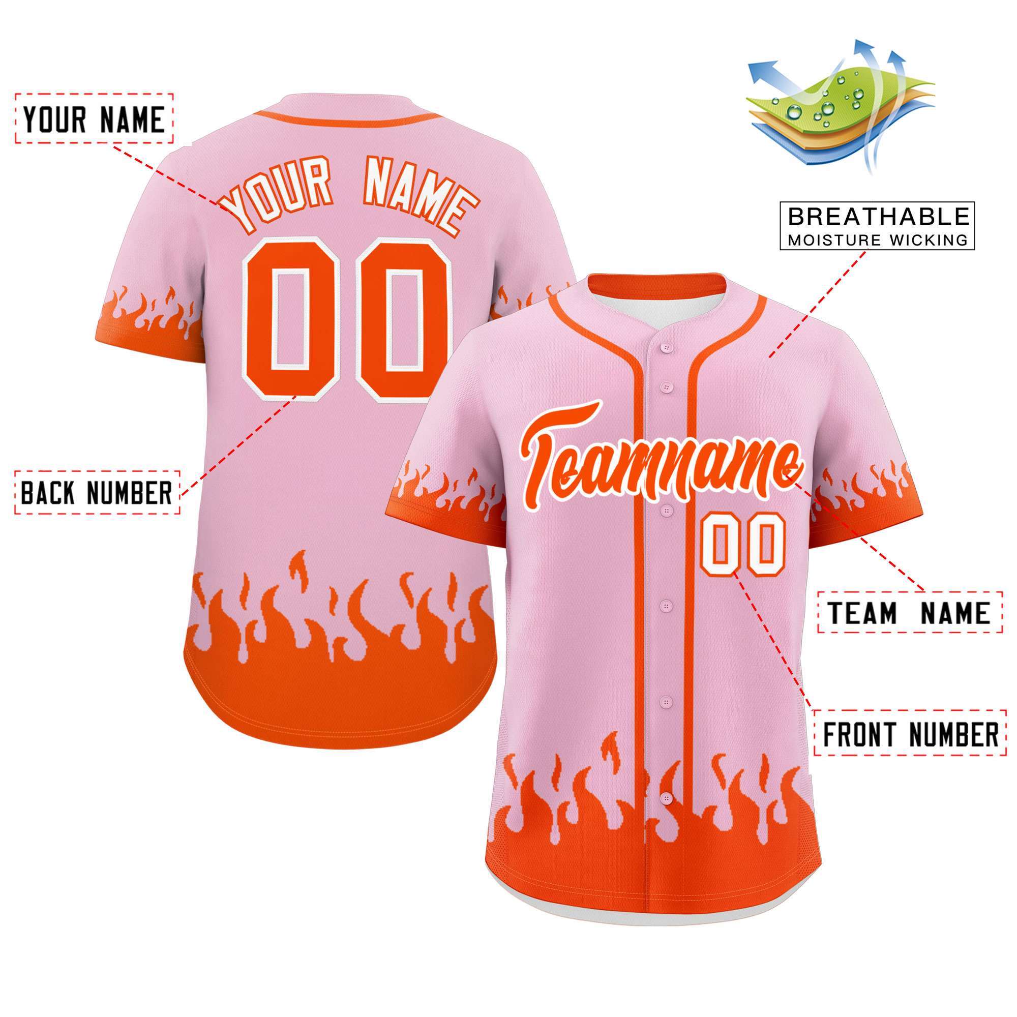 Custom Light Pink Orange Personalized Flame Graffiti Pattern Authentic Baseball Jersey