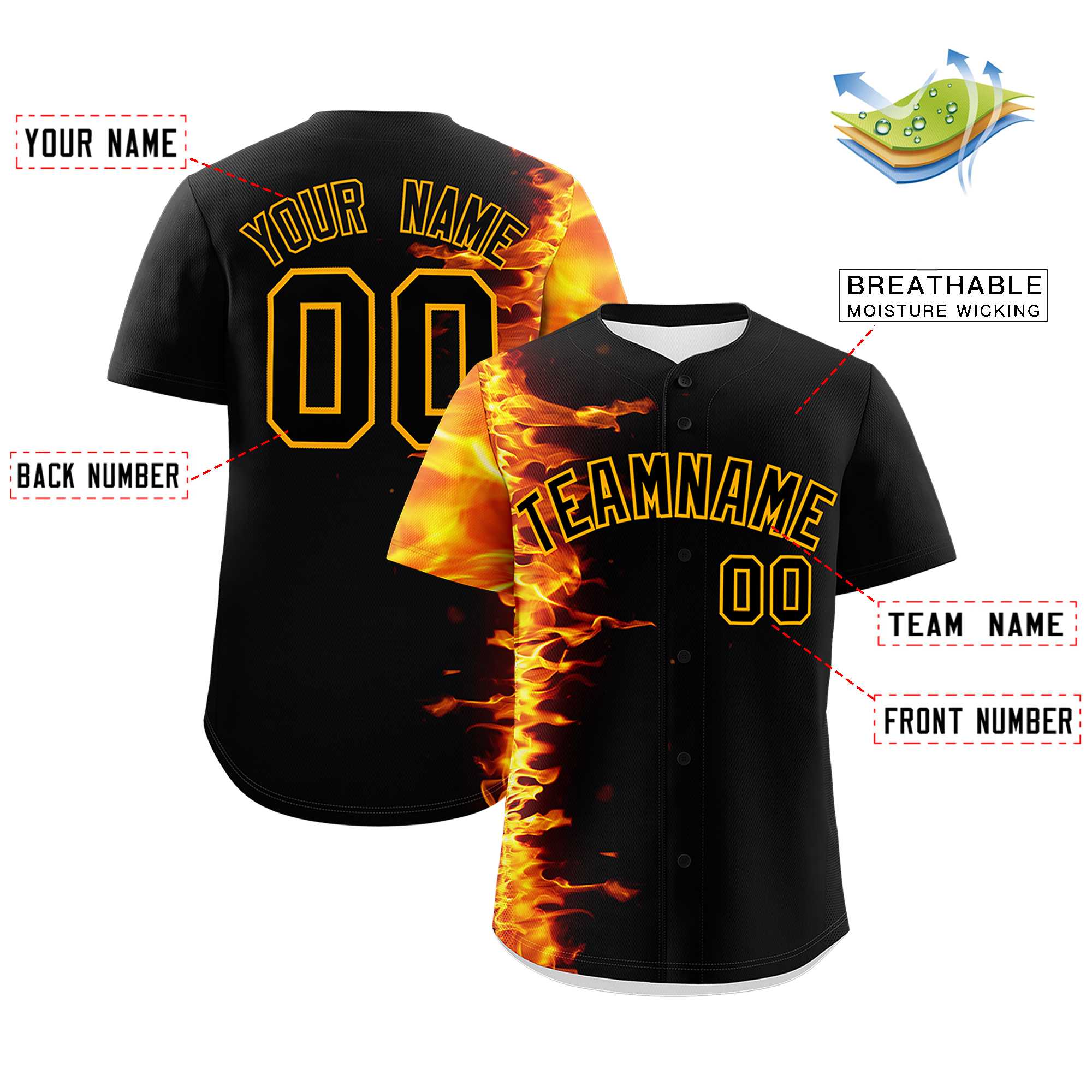 Custom Black Personalized 3D Flame Design Authentic Baseball Jersey