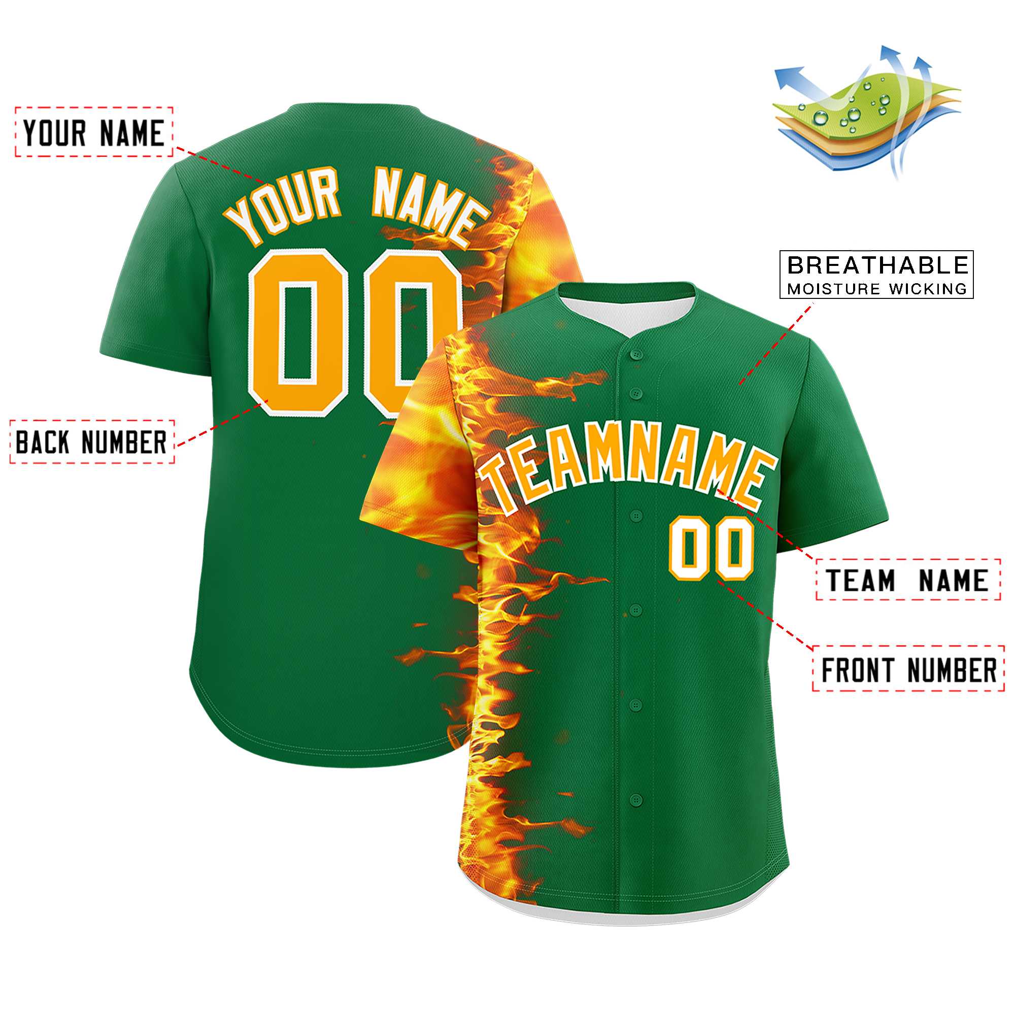 Custom Kelly Green Personalized 3D Flame Design Authentic Baseball Jersey